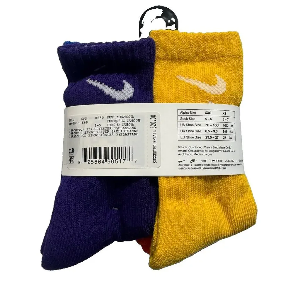 6 Pairs NIKE Dri-Fit MultiColor Cushioned Crew Socks Fits Youth Shoe Sz 7C-10C